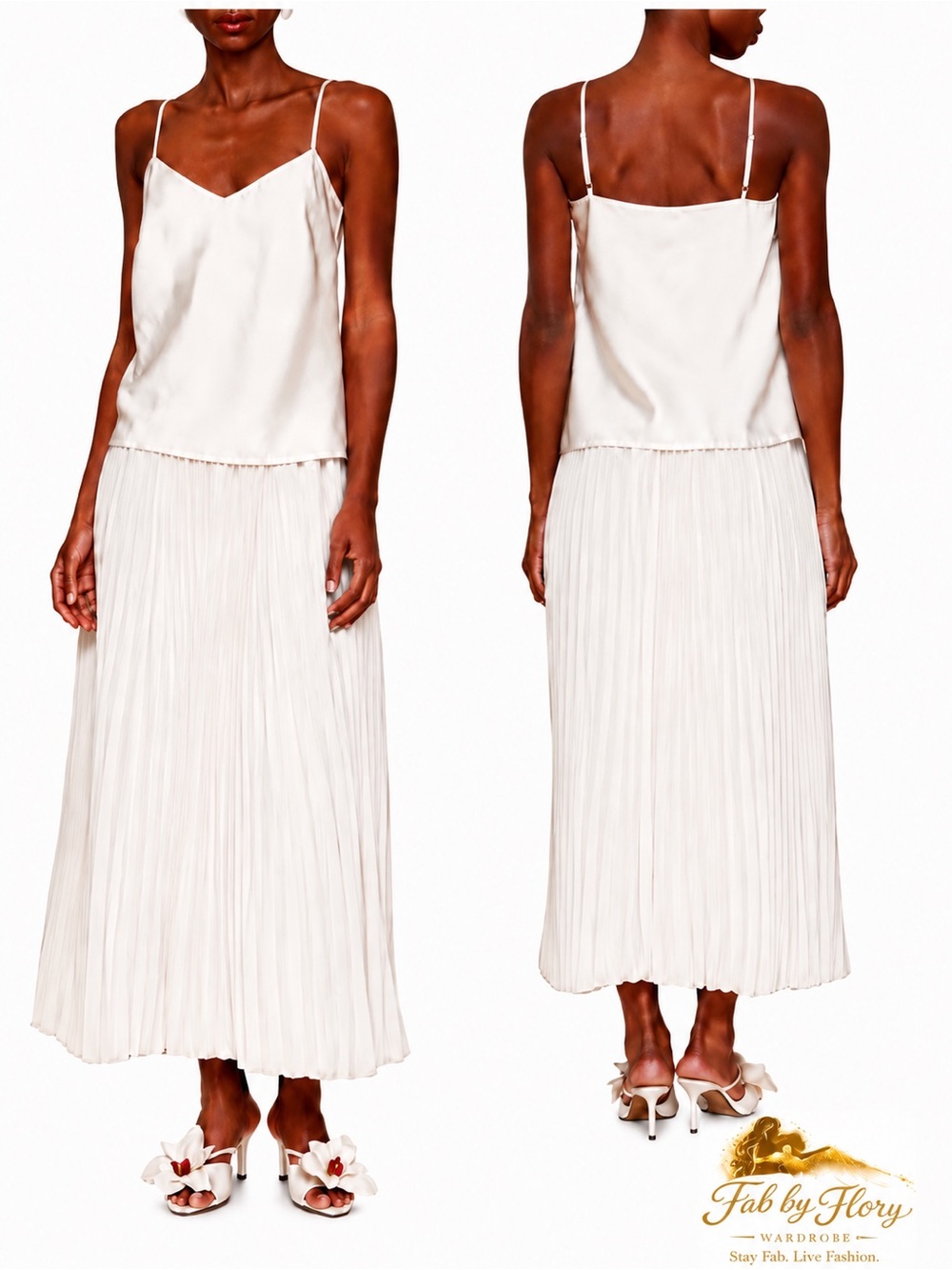 Avec Les Filles Cream Pleated Maxi Slip Dress